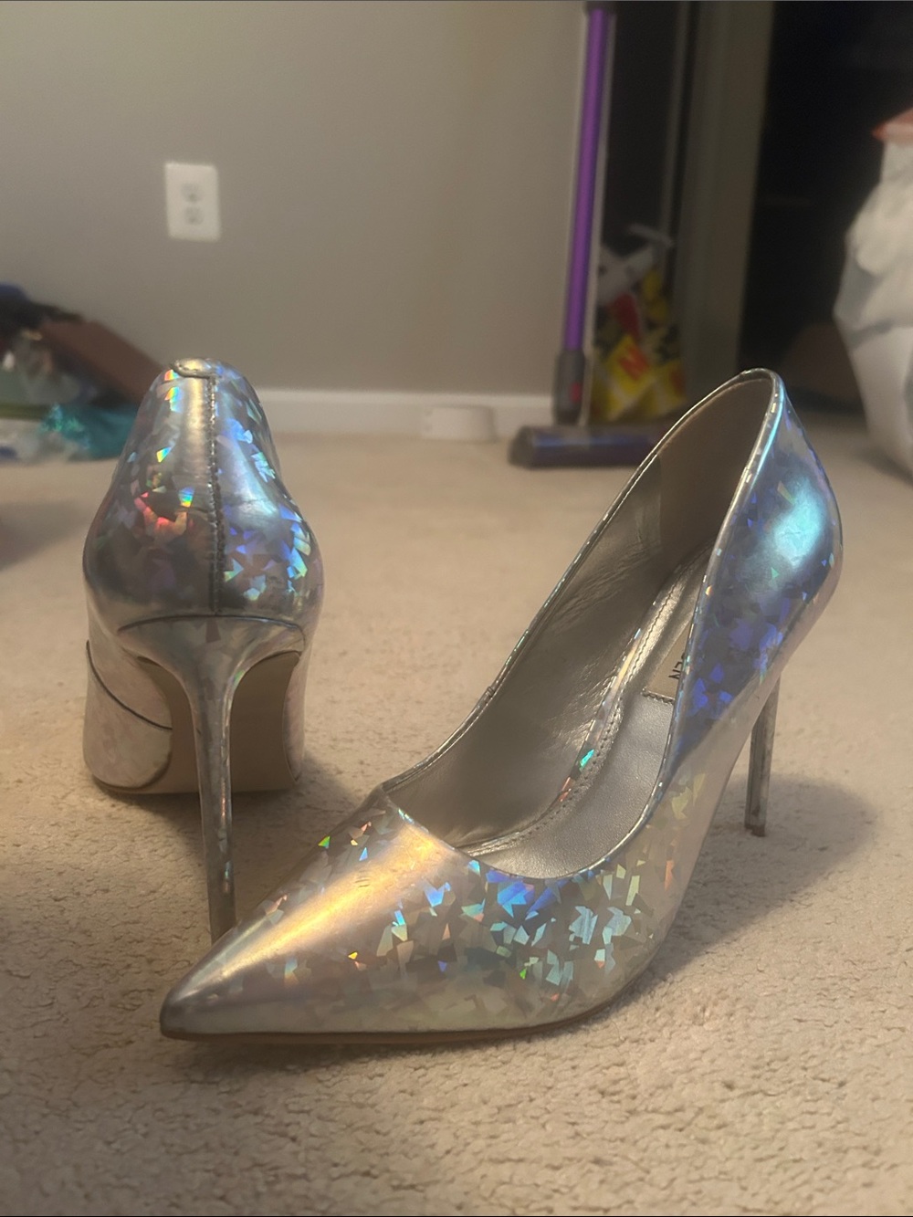 Steve Madden Iridescent Holographic Pointed Toe Stiletto Pumps - Silver
